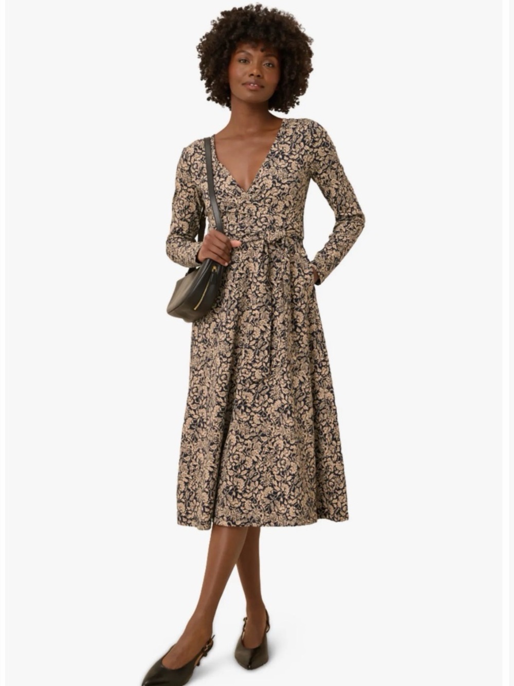 Pact- Organic Cotton- Black and Beige Floral Wrap Midi Dress